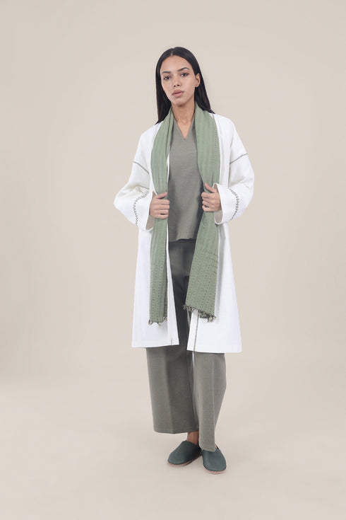 Embroidered long coat in linen cotton blend